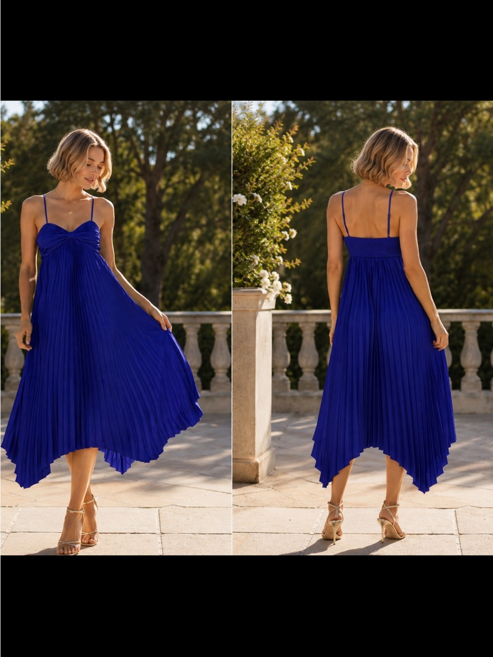 Spaghetti Strap Pleated Midi Dress in Royal Blue